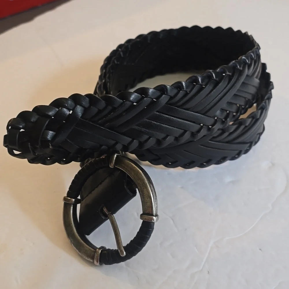 Faded Glory Mens Black leather Woven Silver Buckle Belt Vintage Sz.S/M